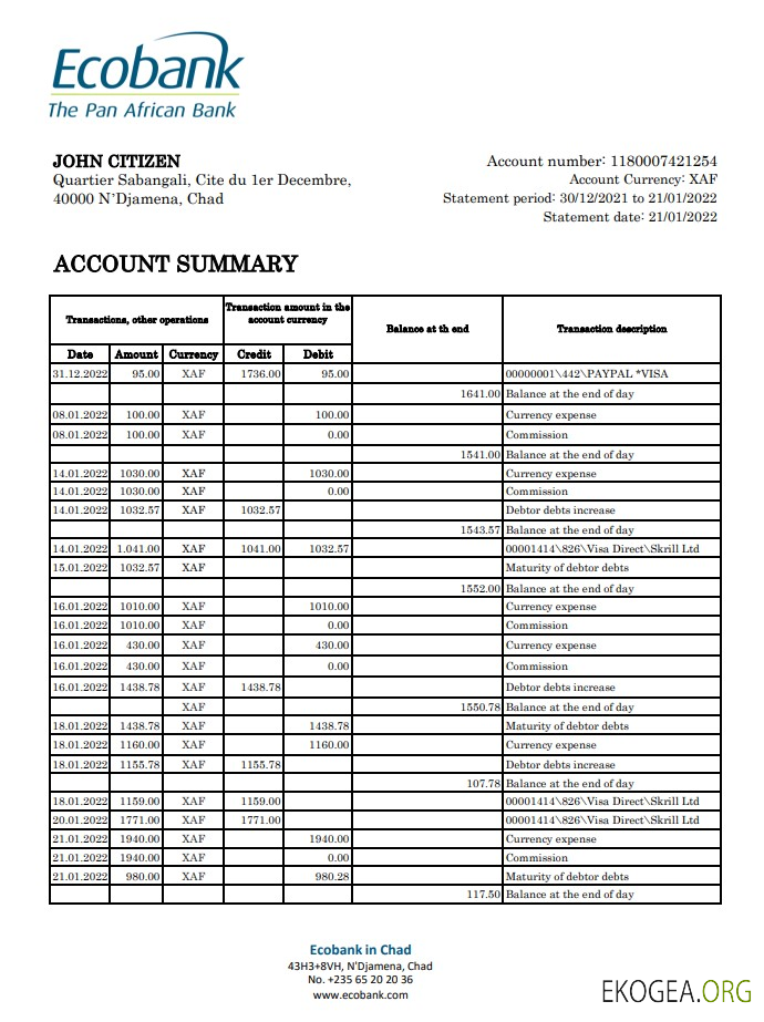 Relevé bancaire Tchad Ecobank